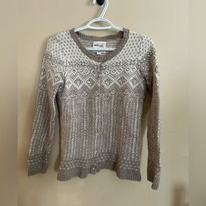 Women's Beige Patterned Wool Blend Sweater with Sparkle and Pearl Accents.
